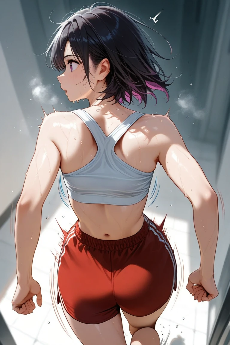 (Perfect body),Best Quality,(8K Portrait),(Official art)、(NSFW)、(((muscular)))、embarrassed from、1girl in,(:o)、 ((Surprised))、(((blush))),(Sweat),((large udder))、(((big butts)))、thick thighs、(Dark hair),((bob cuts)),Short hair, (Yellow eyes),(((Navy blue sports bra)))、Black knee socks、Hands on the wall、Armpits、posterior view、backs、from behind、(Training room)、