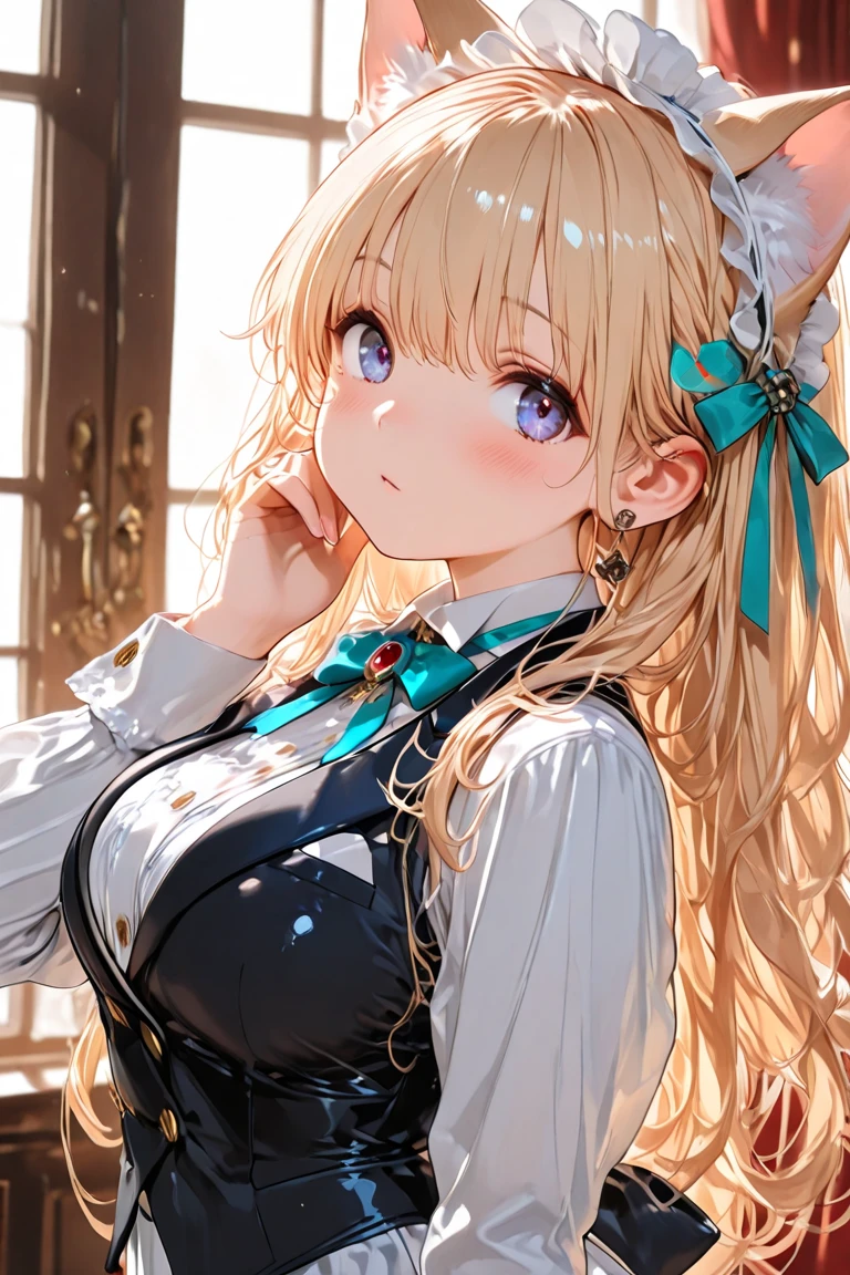 (Cat Maid:1.2),(Highest quality,Very detailed,High resolution:1.2),Beautiful girl with a perfect face,very_Long eyelashes, Detailed lips, A radiant smile, Soft Skin, Shiny Hair,Vibrant Background, Natural light,The cutest girl in the world,Exquisite makeup,Double Tail