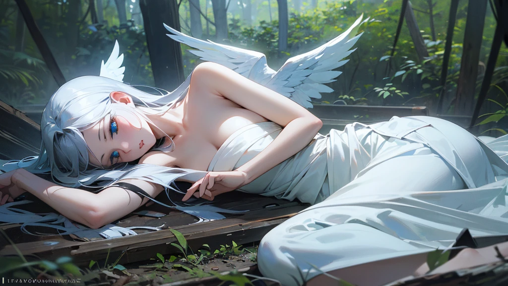 pile of corpses, closed eyes, scenery, perfect anatomy, white lingerie, angel