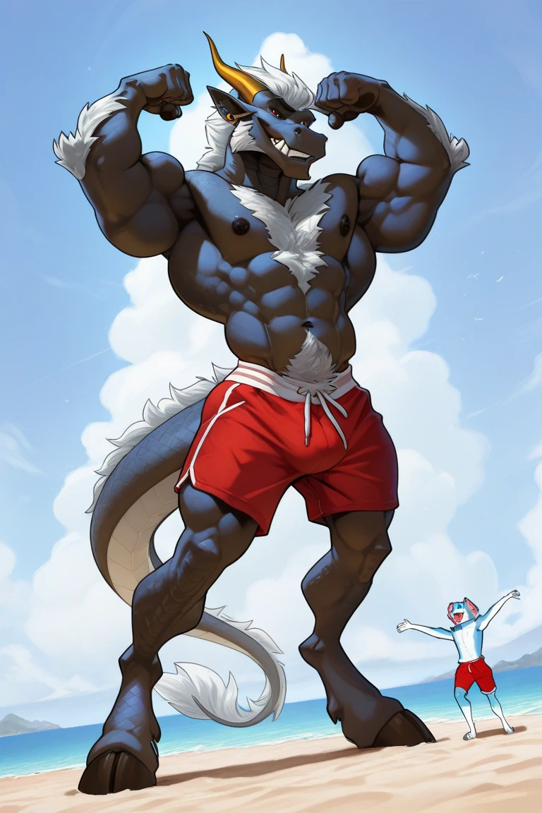 Male Siberian Husky、Completely naked、Outline of a very large penis、Huge penis sideways、Huge glans、Huge scrotum silhouette、very large testicles、very large amount of axillary hair,、Very large amount of pubic hair、Blue boxer briefs、Very large crotch bulge、Great smile、Waterfall Background、Valley、One hand raised pose、very developed muscles of the whole body,、Very beautiful abs、Slender body、Very high quality green eyes、Sharp toenails,、Composition looking up from below、White, shiny teeth、Wide open mouth、Bushy tail、