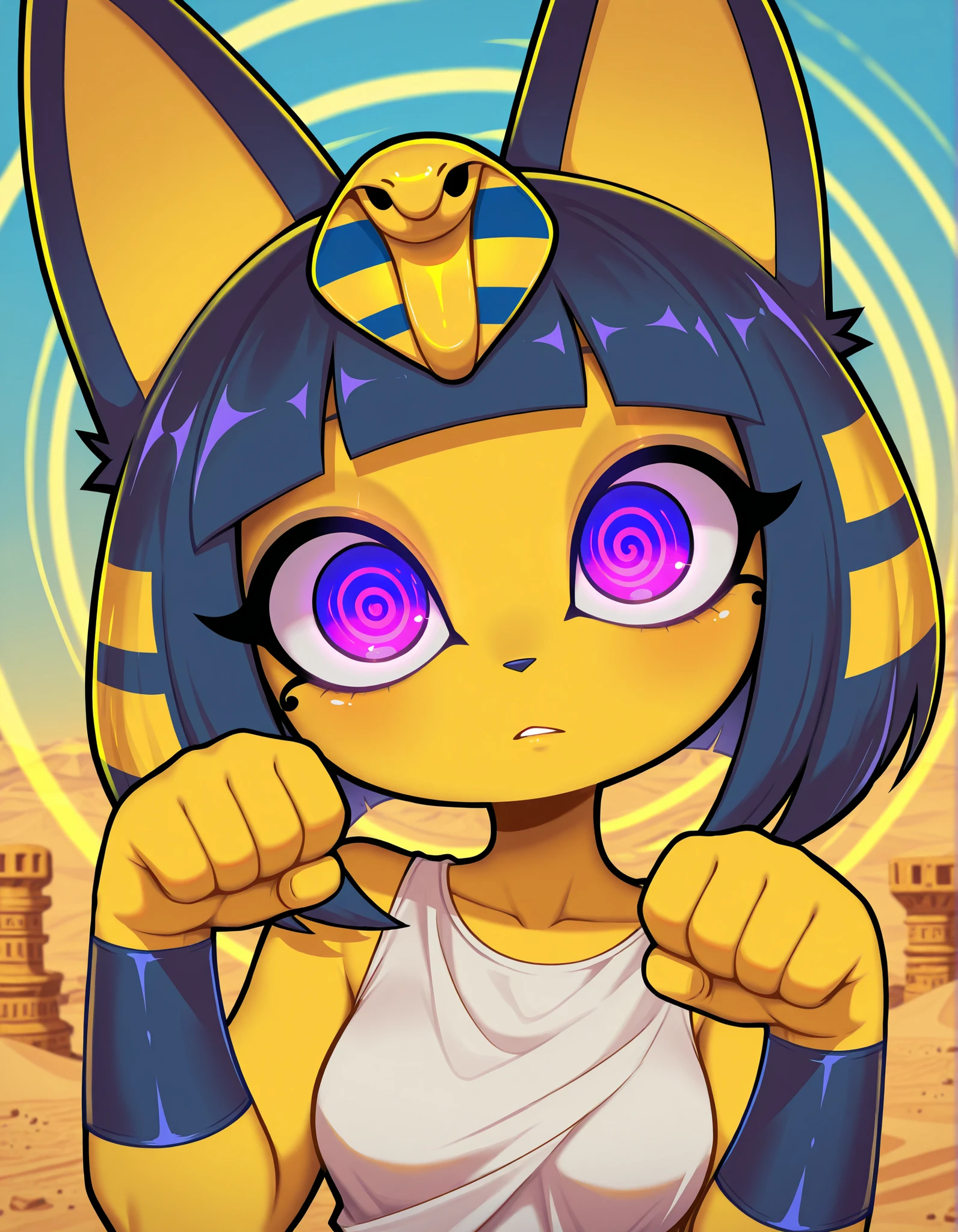 furry, solo, anthro, CartoonyIllustrious, depth of field, 1girl, ankha \(animal crossing\), expressionless, eye reflection, yellow background, yellow theme, blue background, desert, spiral eyes, purple eyes, glowing eyes, wide-eyed, paw pose, looking at viewer, close-up, parted lips, Jizoku Style,