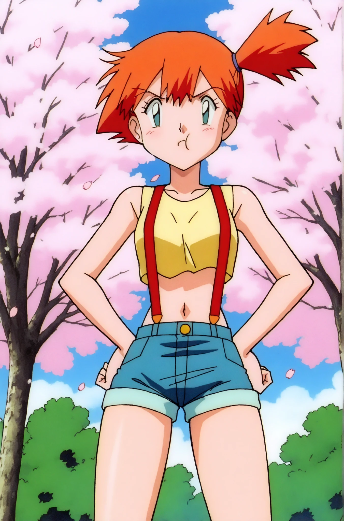 cowboy shot, looking at viewer, anime screenshot, 1girl, solo, misty, mature female, side ponytail, , cleavage, blush,  suspenders, , hands on , denim shorts, forest, tree, sky,
<lora:mistynai-merge10:1>,, masterpiece, best quality, newest, absurdres, highres