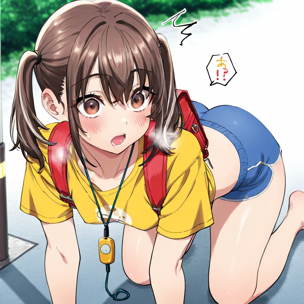 1 Girl, (crotch grab), ((((spread pussy)))), uterus, (peeing), nsfw, (Expressive eyes), (Perfect Face), ((cute)), Slanted Eyes, ((Baby Face)), (female child), ((())), ((Petite)), ((Flat Chest)), ((lactation)), White skin, (gleaming skin), Yellow eyes, ((torogao)), ((((aroused)))), twin braids, black Hair, ((Lower body naked)), ((breastless T-shirt)), collar, sneakers, (squatting), ((spread legs)), ((In the shade)), outdoor, ((Sweat)), (((breath))), (drooling), looking at the camera, detail perfect piece, (From below), 16k, (Best quality)