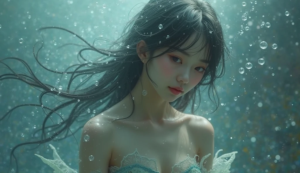 (masterpiece), (best quality), (ultra detailed),(disheveled hair),(illustration), (1girl), (Fashionable clothing), standing, Fashion model, looking at viewer, (interview), (simple background),beautiful detailed eyes, delicate beautiful face, Floating,(high saturation),(colorful splashes),colorful bubble,(shining), focus on face, ponytail, kamisato ayaka, light blue hair, bangs, hair ring, floating flowers, floating hairs, (shining), best lighting, best shadow,great feet