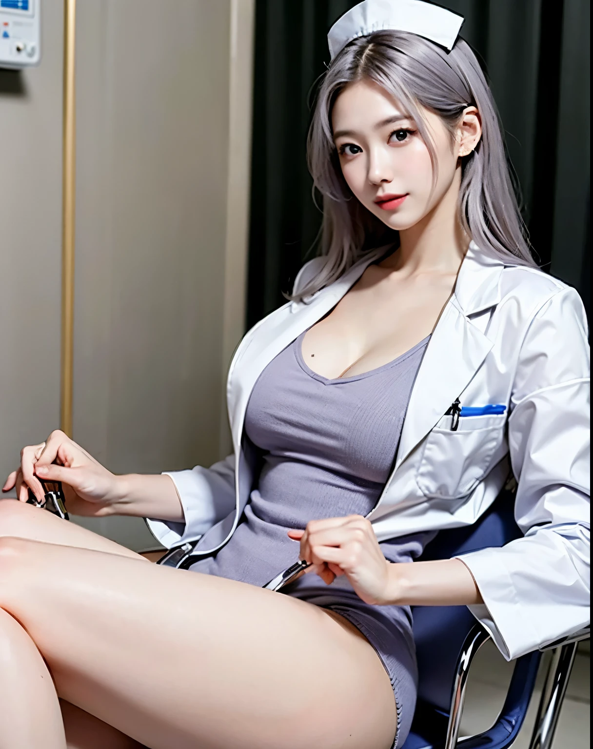 Beautiful legs, stockings, ultra details, masterpiece, best quality, beautiful, details, alone, charming smile, Sexy Lips , one girl, purple eyes in gla, silver hair, Sexy Poses, big breasts, Low Hair Ring, open your legs, nurse, white coat, hospital