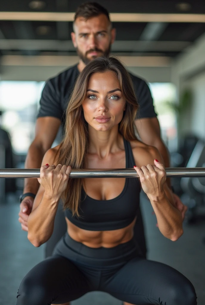 Robô de Seaart Txt2Img Estúdio Detalhe magnífico, 8K Photos, hyper- realism, realistic background, visual depth, wide angle lens, professional light, full body photo. "{one [Woman] working out at the gym with the help of a man [staff] trainer.} {a [Woman] she's a natural blonde, co 1,58m, Bust 93cm, chest 85cm, waist 80cm, Hips 100cm.} {a Woman está com o cabelo preso, in a ponytail hairstyle, slightly sweaty, wearing a yellow outfit, being a very tight and short legging short that enhances your curves and thick legs. It's a short top, with sweat mark, showing her belly button and upper chest.} {a [Woman] he's doing sumo squat exercises with weights, in the crouching position. or [staff] He's just looking at her [Woman] with a lot of sexual attraction. {or cenario está uma academia de alto padrão, with new, modern and well-maintained equipment.} Woman crouching, hot scene