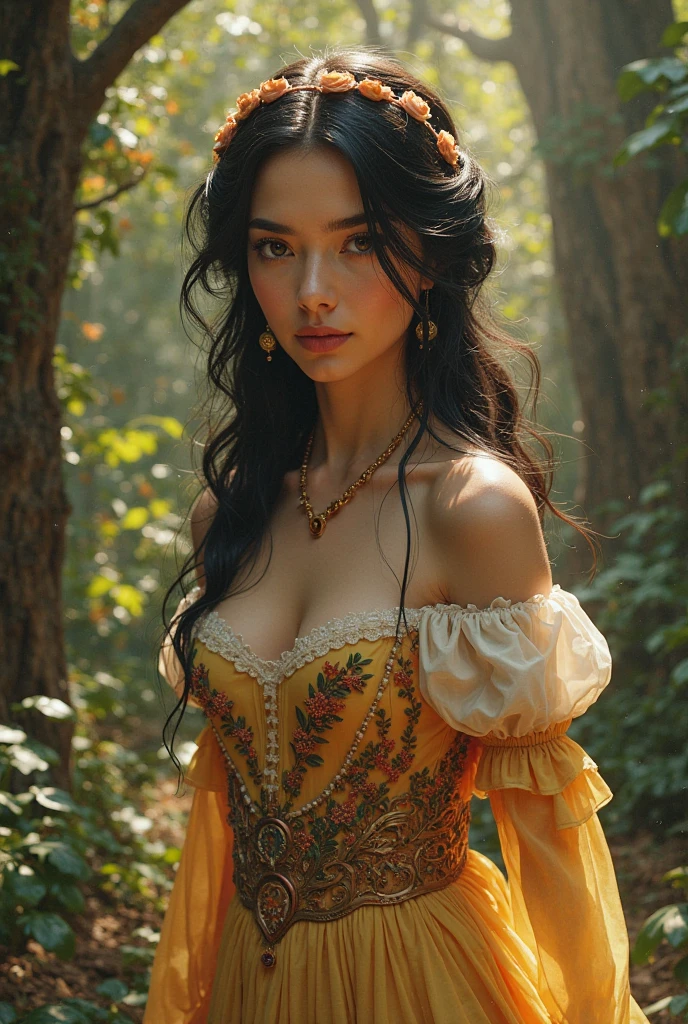 Generate a woman who sells vegetables, king, attractive and a little would be 