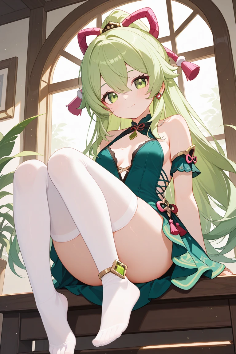 (MASTERPIECE), (Best Quality), (Super Detail), Official Art, One Girl, Lori with Pale Green Hair, Petite Little Girl, Loli, Green and White See-Through Dress, Sleeveless, Off Shoulder, Small, Very Small, Small, Cleavage, Thigh Focus, Navel, Card Illustration, Wind
