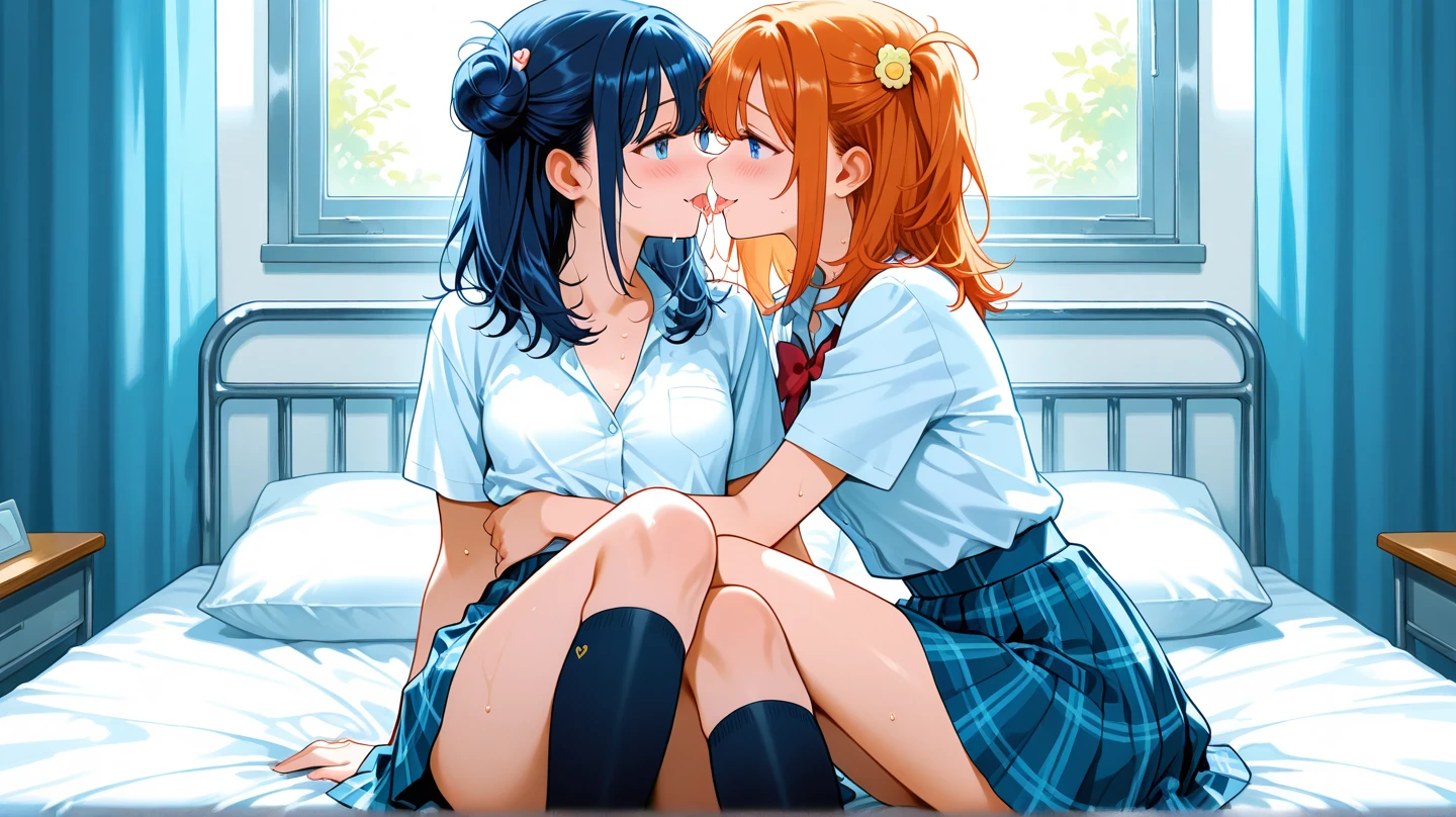 (masterpiece, best quality, ultra-detailed, high resolution, detailed eyes), takeda hiromitsu style, {{{2women}}}, school girl uniform, big eyes, pet collar, french kissing, in heat