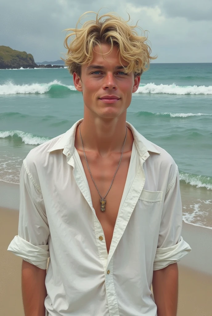 attractive 21 years old man, blonde, sitting next to a pool, mansion, sweating, wears a dog collar, no shirt, pale skin, light from front, close-up, medium length hair, shy, sly grin,
(analog style:1.8)