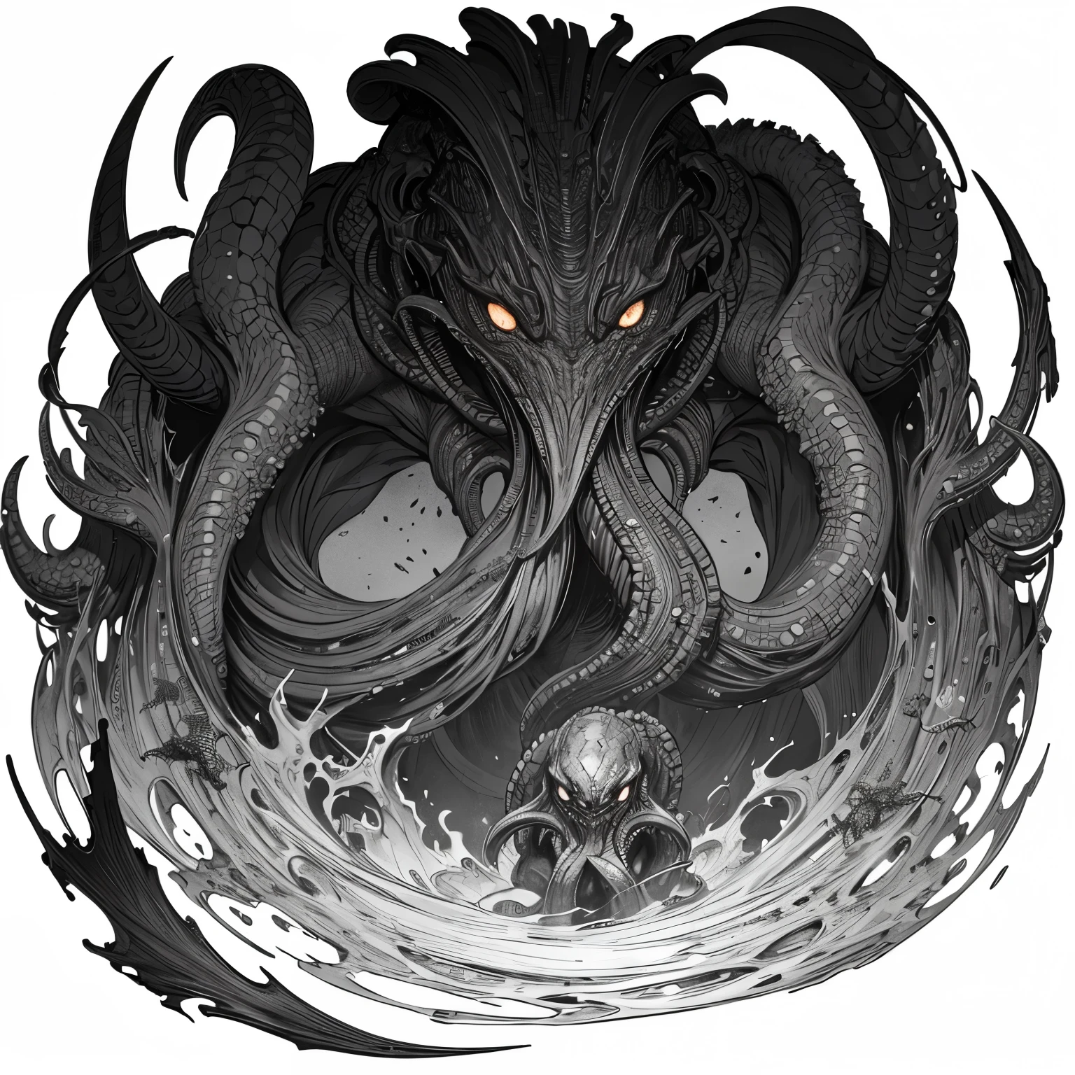 Ink sketch, black and white, Cthulhu Lovecraft, Horror Cthulhu Mythos, Cthulhu existence, transparent background,