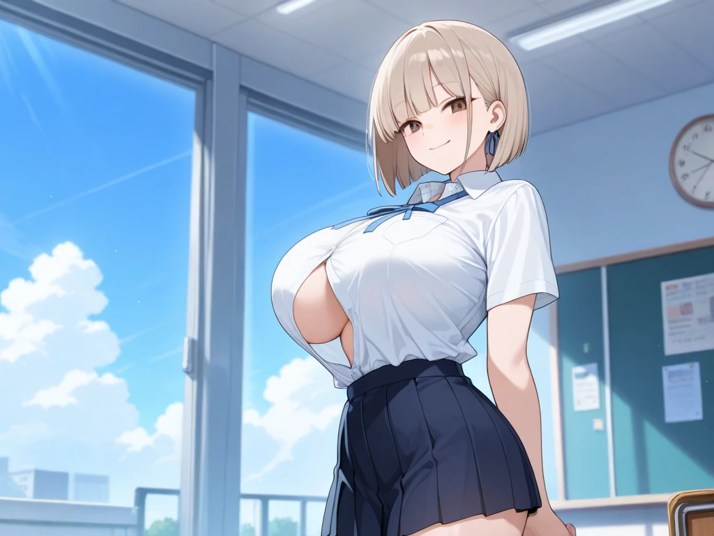 ((Highest quality)), ((masterpiece)), (detailed),
((huge breasts))
((Very thick thighs))
((Very fleshy young woman))
(Tall)
(Short White hair)
(bob hairstyle)
Blue eyes
Standing
(((Shoot from front)))
(Japanese school uniform)
(white (business) shirt)
(Black mini(school)skirt)
(white pantie)
Japanese
Tokyo city