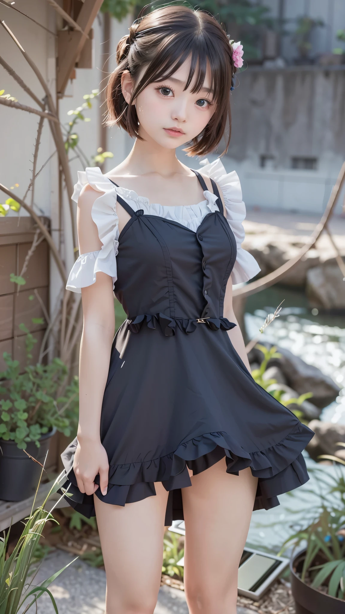 女性のIn a dressのクローズアップで、She's standing on a cliff, In a dress, frilly outfit, anime girl weaAlsog a black dress, weaAlsog black camisole outfit, frill, cute and elegant poses for cannon photos, , in a close-up of an anime girl, Also, 8K 50mm ISO 10, CINEMATIC COSTUME PHOTO , black top, (detailed hands:1.3, perfect right hand:1.3)、(perfect anatomy:1.2)