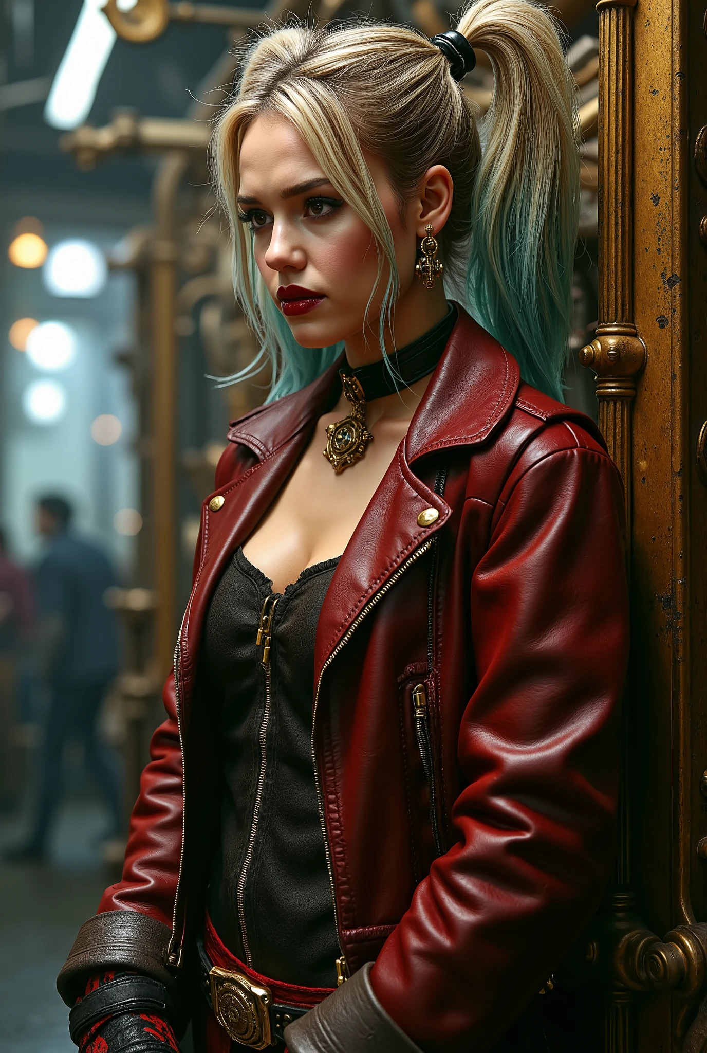 steampunk Harley Quinn looking to the side,