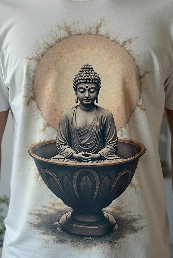 A T-shirt featuring a complex and eye-catching design inspired by Buddhist art. The shirt displays a prominent image of a meditating Buddha, surrounded by detailed mandala patterns. The design includes intricate floral motifs, such as lotus flowers, along with small, ornate patterns that add texture and depth. The color palette is rich, using deep golds, reds, and blues, with metallic highlights to enhance the visual appeal. The overall design is elaborate, combining spiritual symbols with artistic detailing to create a striking and unique appearance.