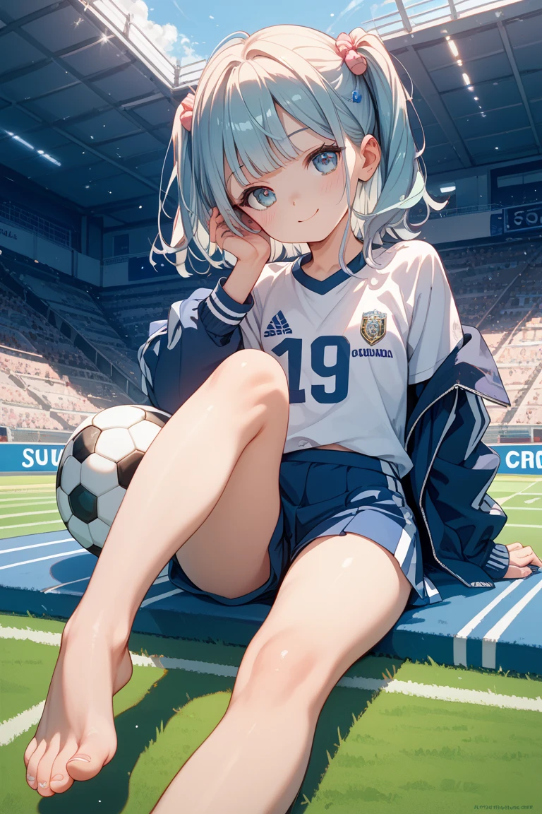 ((8k, Highest quality, masterpiece: 1.3)),Ultra-high resolution,(1 girl, alone), (Color changing eyes, Ultra-detailed, Expressive brilliance, Glitter, Glowing Eyes), Highly detailed eyes, Highly detailed face, Random Hair, ((pastel colour))A joyful young woman with pastel lavender hair styled into loose waves, sitting cross-legged on her bed in her softly lit bedroom during a late afternoon. She is dressed in a simple yet subtly sexy soccer player cosplay, wearing a fitted jersey, athletic shorts, and knee-high socks. The camera captures her from a slightly elevated angle as she smiles brightly, holding a soccer ball in her lap, her expression full of energy and excitement. The room is warmly lit by the setting sun, with a few sports posters on the wall, a soccer scarf draped over a chair, and a lively, sporty atmosphere.