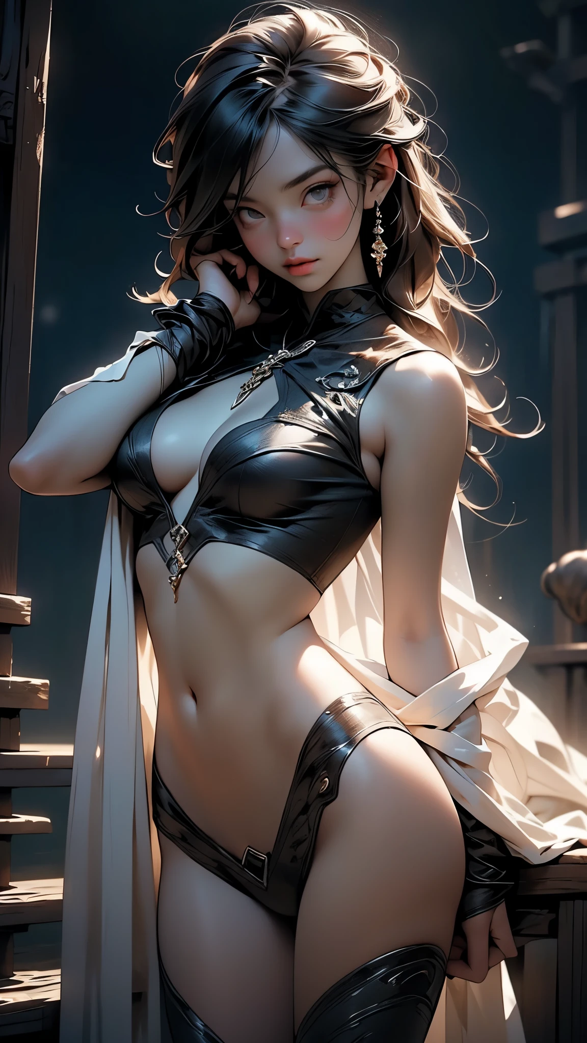 ((best quality)), ((masterpiece)), (detailed), 1girl, NSFW, small breasts, prominent collarbones, skinny arms, flat stomach, visible hip bones, long hair, ponytail, thick ponytail, heavy ponytail, red and white clothing, Bloodborne inspired, occult aesthetic, occult, detailed and intricate steampunk and detailed gothic
