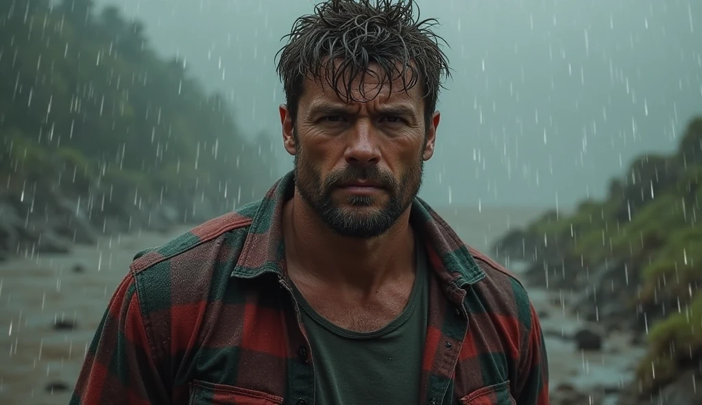 Drenched man wearing t-shirt and shorts shivering from cold