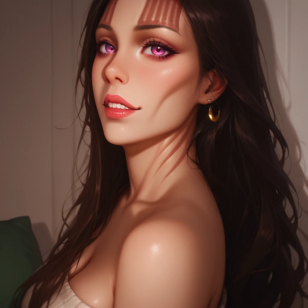 Lucy Pinder, portrait, face portrait, smiling, voluptuous, red lips, cleavage, straight hair, black hair, off-shoulder dress, short dress, purple dress, hoop earrings.