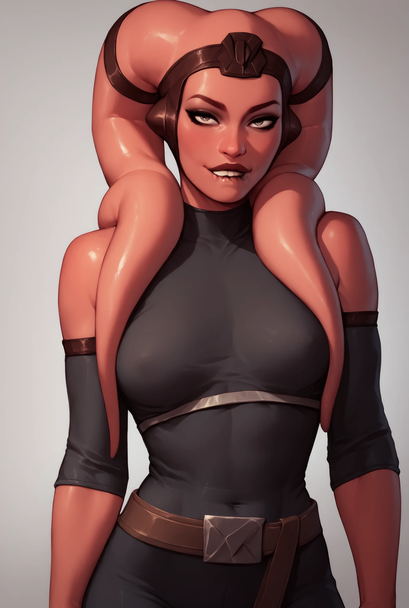 Twi'lek, dark red skin, medium breasts, biting bottom lip, black bodysuit, shoulderpads, seductive, belt