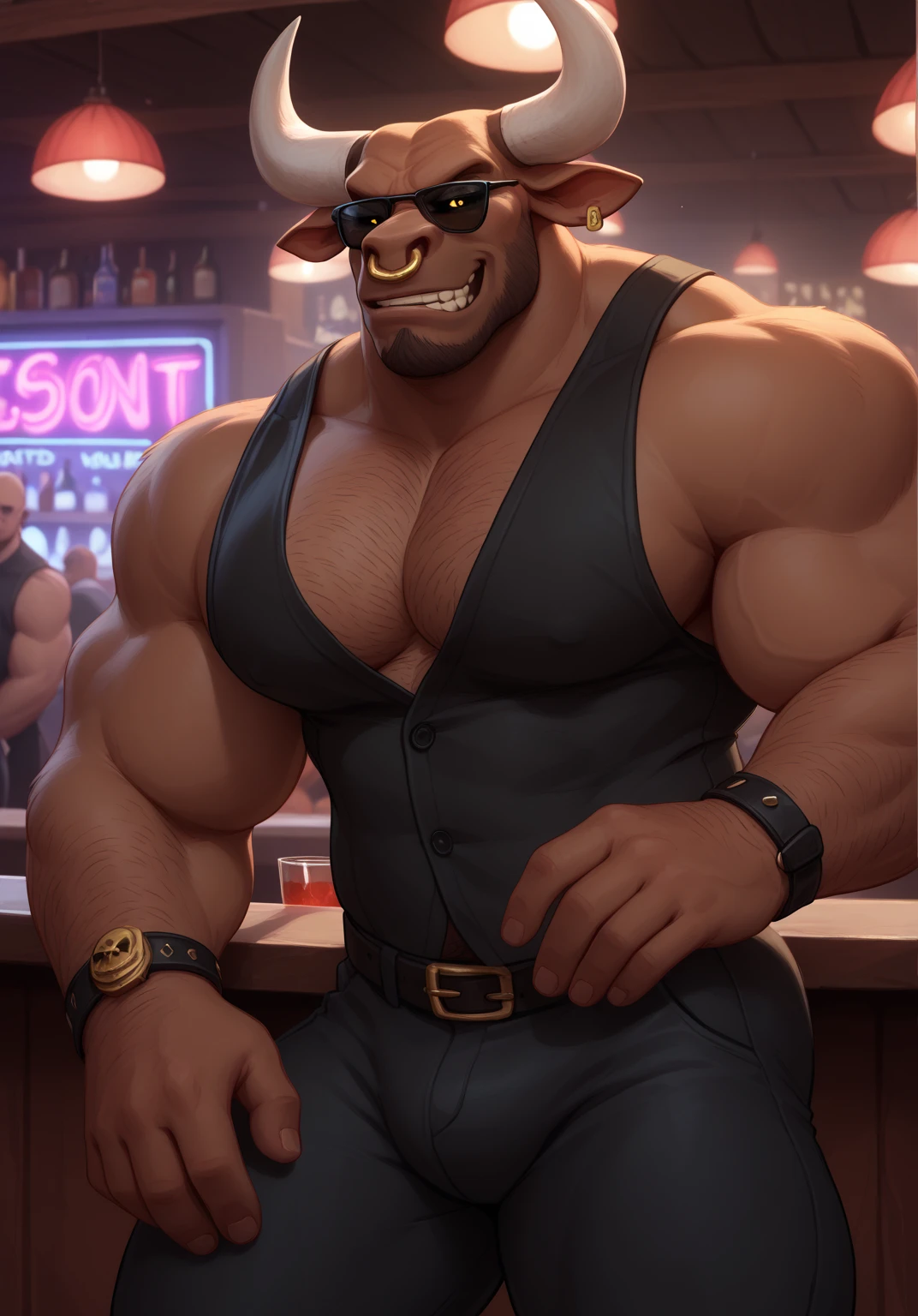 ((Huge heavy muscles, muscular hairy chest, hefty pecs, juicy pecs, 6 pack abs ):1.2), tall male young, slim waist, anthro moose, big moose antlers, thin beard, flirting, dynamic light, ((wearing a very tight button-up white shirt with a matte black vest, shirt is tearing apart):1.2), beautiful blue eyes, very hairy body, black super hairy chest, extremely hot and sexy, ((ahegao, blushing cheeks, cum on hairy chest):1.3), Daddy figure, hot daddy, by darkgem, by zixiong, by glitter trap boy, bartender, in a bar, ((offering a cocktail to the camera):1.3), ((big veiny penis):1.2)