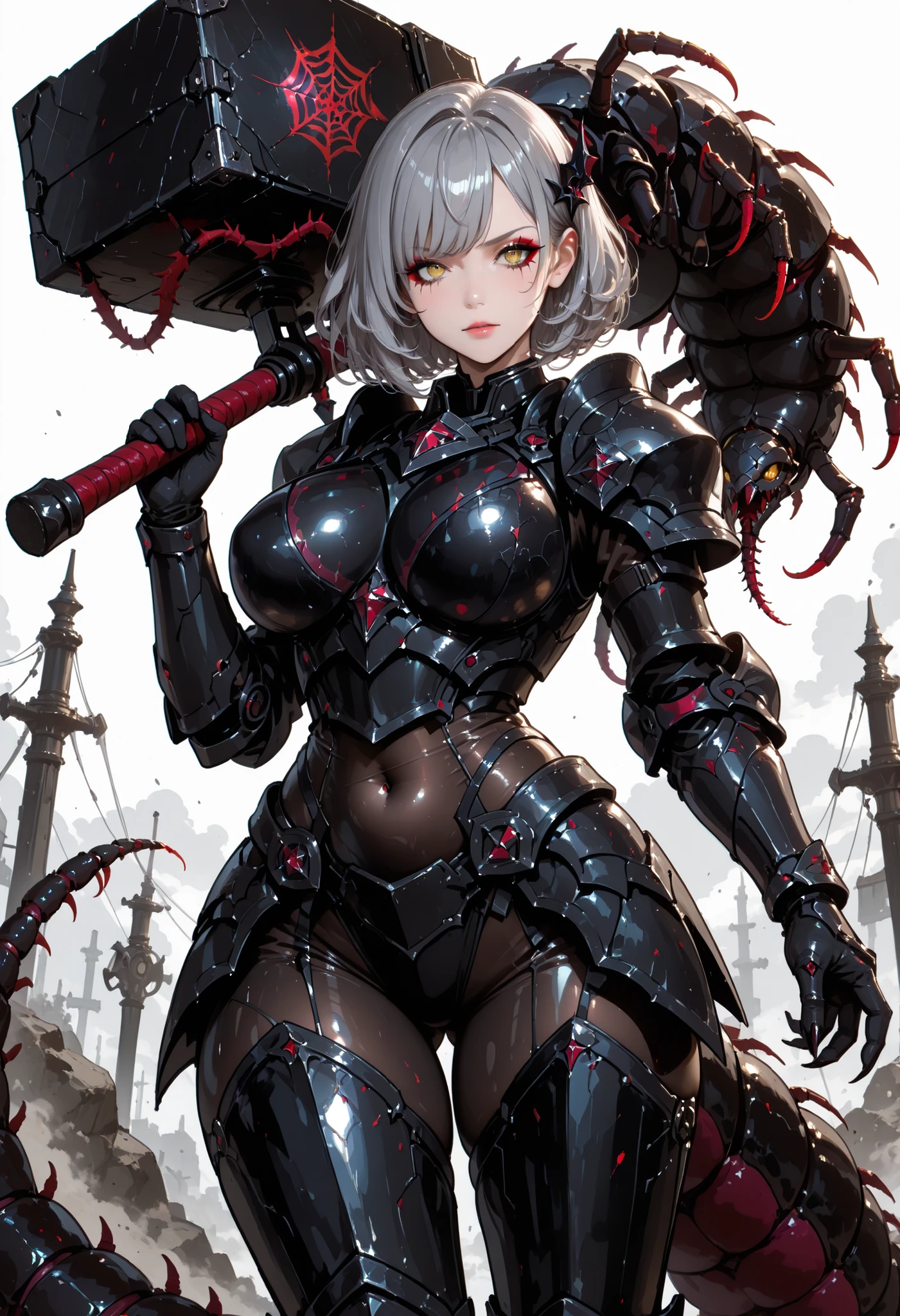 A Light armor woman. Grey hair. Short bob hair. Wavy hair. Spiky hair accessory. Yellow eyes. Spider web eyeshadow. Black armor. Spiky. Scorpion motif armor. Large breasts. Belly button. Holding a weapon. Large hammer. Weapon hammer. Sharp claws. Armored arms. Asymmetrical hands. Carrying a large centipede. Black centipede monster. Chains. Crystal decorations.