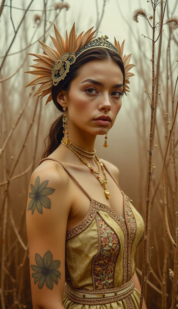 absurdos, Altas, ultra detalhado, 1girl, delineador, olhos vermelhos brilhantes, seios pequenos, boob lateral, cinturas estreitas, detalhes dourados, bareshoulders, clivagem, demon wings, Chifres, tatuagem, fundo do detalhe, fireMagicAI, circunstanciado, intrincado,