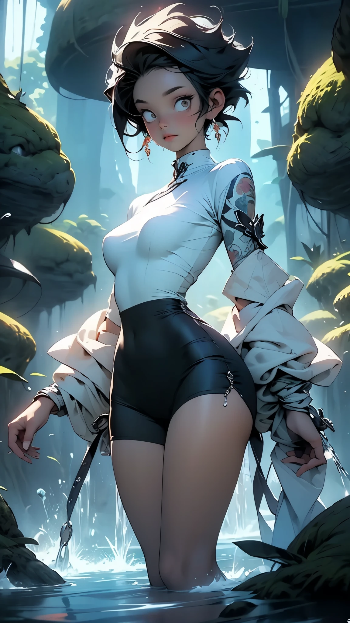 1female,25 age old,Large breasts,long leges,Big breasts Thin waist,Pornographic exposure, 独奏,(Background with:ln the forest,the rainforest,in summer) She has short white hair,standing on your feet,Sweat profusely,drenched all over the body,seen from the front, curlies, mostly cloudy sky,(((tmasterpiece),(Very detailed CG unity 8K wallpaper),best qualtiy,cinmatic lighting,detailed back ground,beatiful detailed eyes,Bright pupils,(Very fine and beautiful),(Beautiful and detailed eye description),ultra - detailed,tmasterpiece,)),facing at camera,A high resolution,ultra - detailed),revealing breasts,Bare genitalia, Bulge,Camel toes,Raised sexy,Flushed complexion,Open-mouthed,frontage,succubi(Wearing:,white see-through bodysuit,Pantyhose)nakeness,high-heels