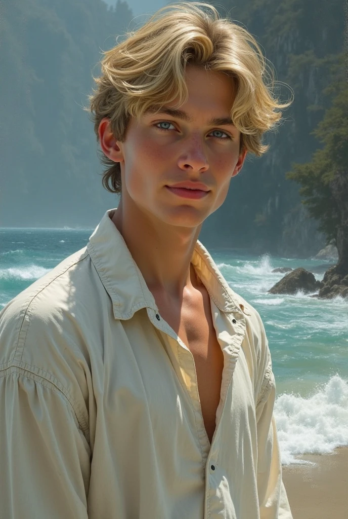 Handsome teenage boy with long brown hair, wearing light clothes, on a boat with a view of Santorini Island and bright sunshine. Best quality.