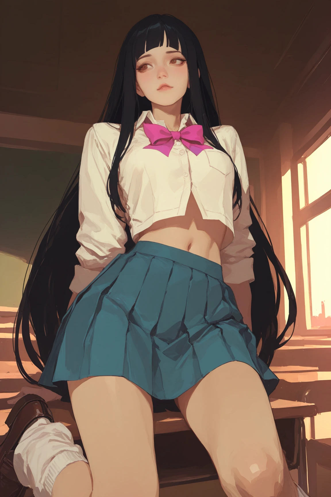 woman with long black hair, school uniform, buttons unbuttoned, skirt lifted, underwear visible, white underwear, embarrassed face