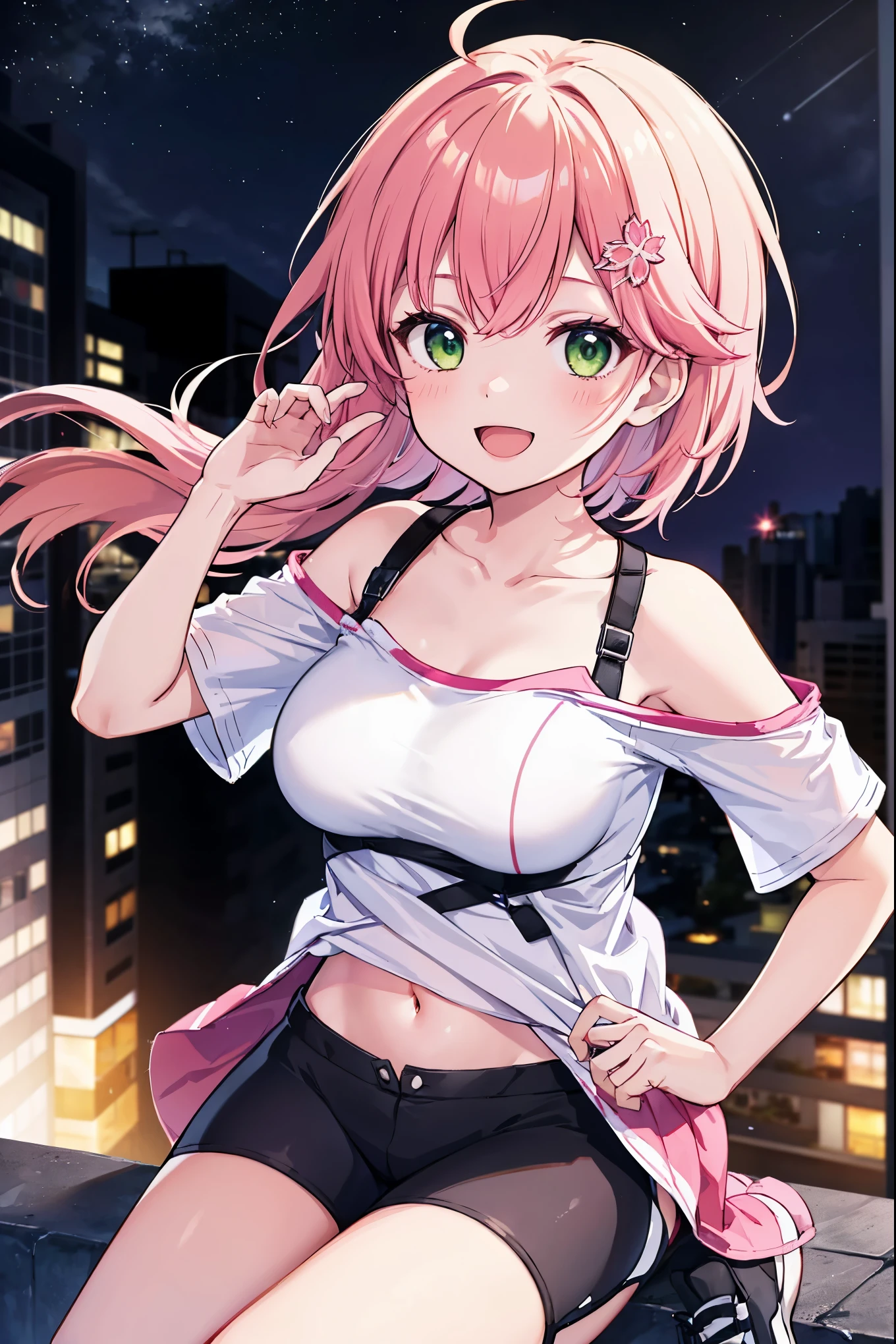 1girl, ((adorable,beautiful)), japan girl, perfect body, blush, Braided Half-Up Princess Hairstyle, red hair,
fit white shirt, cleavage, short pants, shine lips,((detailed eyes)), perfect body, thighs,
posing in front of neon buildings, ((pink neon signs, neon buildings background)), Tokyo, Artgerm, cyberpunk style, retrowave,
((realistic)), soft lighting, night, 8k, (masterpiece, best quality:1.5), ultra detailed, depth of field, looking at viewer, ((cowboy shot)), dramatic, (((bokeh))),
