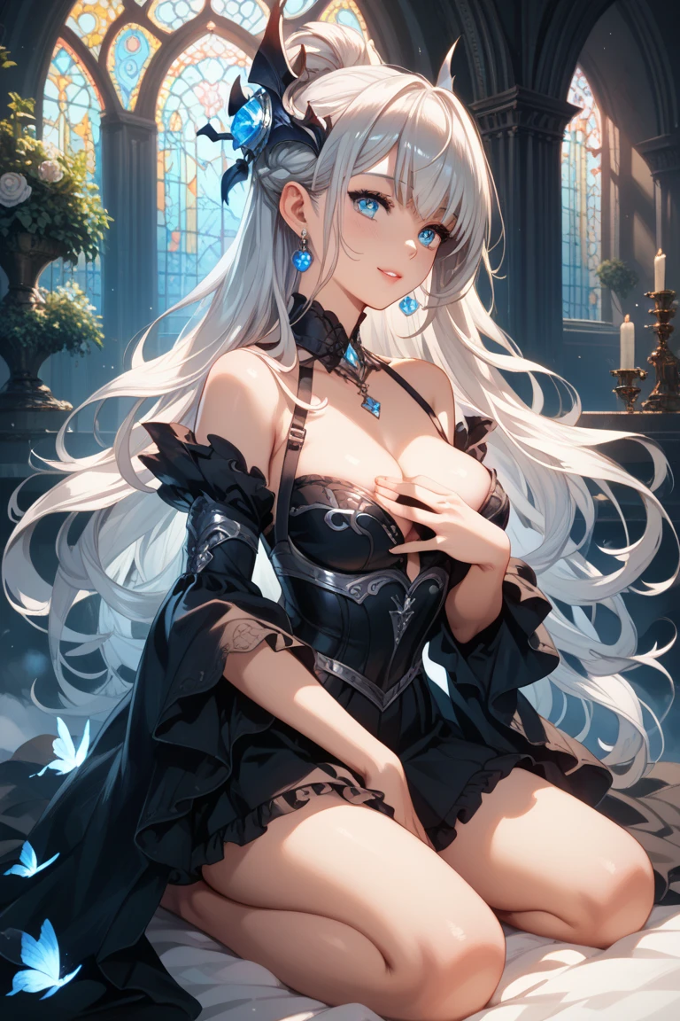 Hands on knees,Jacket with puffy shoulders,closed dmouth,Pearl blonde hyper long hair,Smile,Full body depiction on screen, The body is constricted by very small and tight clothes,super small and tight clothes,Full body depiction on screen,Very detailed embroidery sewn into the chest area,Shoulder pads bulge, Translucent costume Tiara in bangs Wet lips A lot of saliva overflows from the lips Sweating profusely adult Reality Mucus is stringy Wet hair Sweaty Canopy Bed Background Blush cheeks with embarrassment Spots々A dirty dress Wet and transparent white long gloves Wet and transparent white long skirt She is wearing a wet, see-through white high-necked wedding dress. Wearing pantyhose See-through See-through Wet Drooling profusely My whole body is wet from the rain 全てWet とても大きな胸部 Very distended chest Very large chest swelling Two very large bulges on his chest The whole body fits on the screen Blushed cheeks Small Mouth Sweaty skin Rain-soaked skin Clothes stick tightly to the skin Clothes that are wet and transparent from the rain 衣服が汗で濡れてSee-through Glossy skin Clothing has a rubbery sheen Smile Embarrassed expression A very dark room in the middle of the night Baby Face clear Can憐 beautiful girl sitting on hot pink rubber bed A lot of ribbons are sewn into the clothes 濡れて透けたラバーショッキングピンクSee-throughハイネックロングお姫様ドレス Can Wet and transparent rubber pearl white full bodysuit