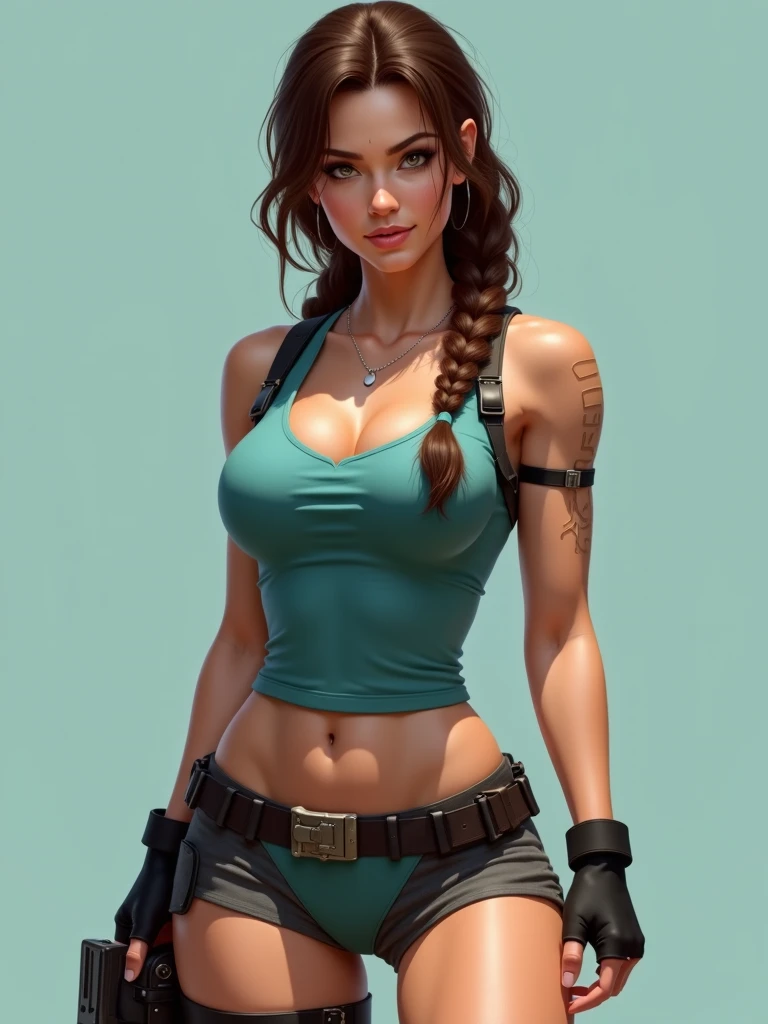 (masterpiece, top quality, best quality, official art, beautiful and aesthetic:1.2), (1girl:1.3), brown hair, ponytail, extremely detailed, portrait, looking at viewer, solo, (full body:0.6), detailed background, close up, mischievous eyes, (cool Incan ruins theme:1.1), pleasant smile, brunette, aquiline nose, green eyes, ponytail, ((gigantic breasts)), (thin), athletic, Lara Croft. Wearing a sleek light blue sleeveless top, brown shorts, boots, shoulder harness, backpack, holsters, utility belt, slim waist, slim hips, long legs, ancient (jungle ruins exterior:1.1) detailed background, bright optimistic lighting, shadows, magical atmosphere, dutch angle
