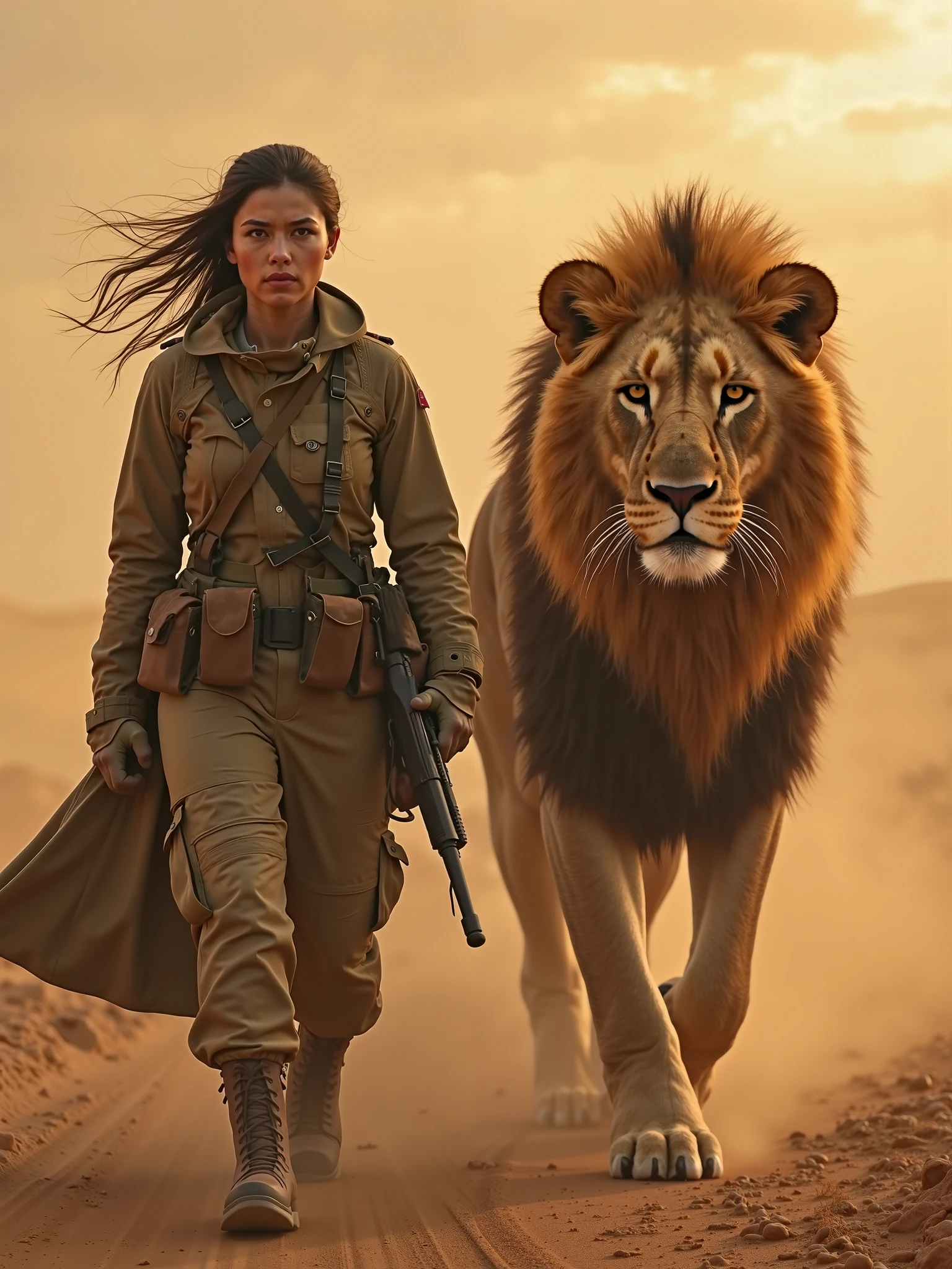 
A battle-worn female soldier and a blazing-maned golden lion march through a desert storm, side by side, eyes locked ahead. --v 6.1 --ar 9:16 --style cinematic realism --theme war and nature --lighting dusty dusk