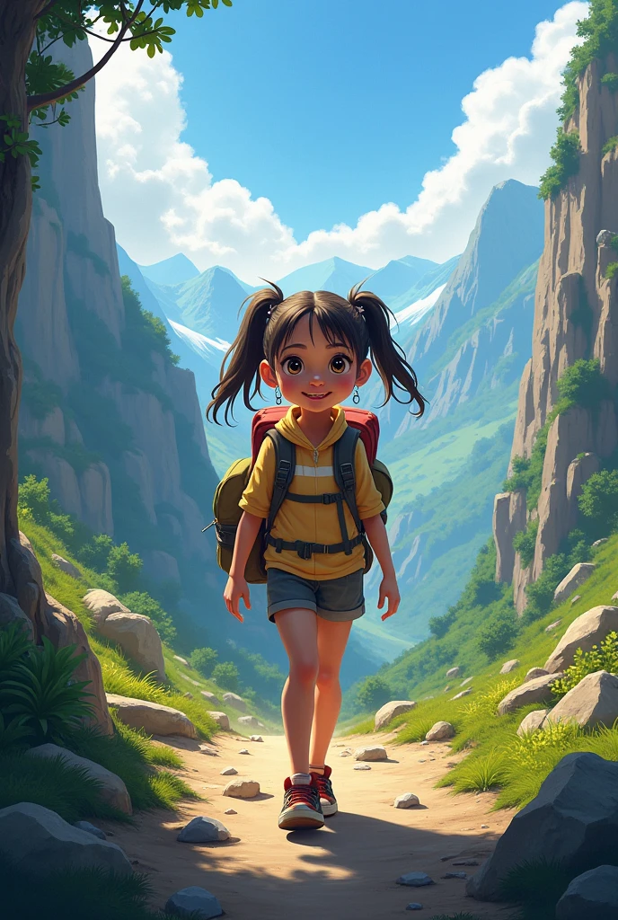7-year-old girl in yellow sweatshirt, dark brown hair, climbing a mountain with a rope