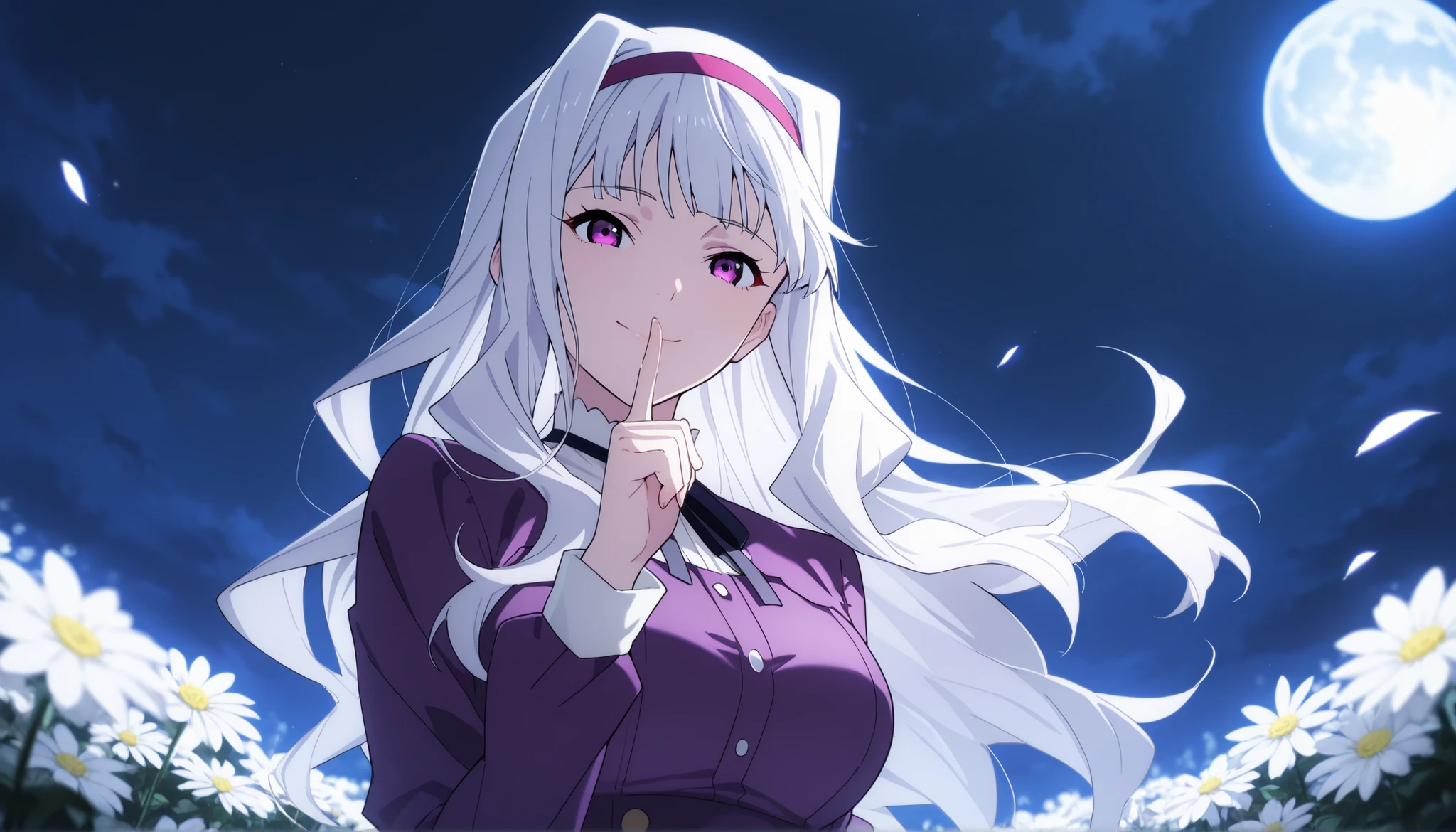 score_9 , score_8_up , score_7_up , source_anime ,1 girl, solo, Shijou Takane, white hair, long hair, purple eyes, headband, smile quietly, (Facing the viewer, view audience), Place index finger over mouth, Hair blowing in the wind, night, In the flower garden, (Pale flowers, Faintly luminous flowers), A beautiful round full moon, low angle, detailed face, detailed eyes, detailed background