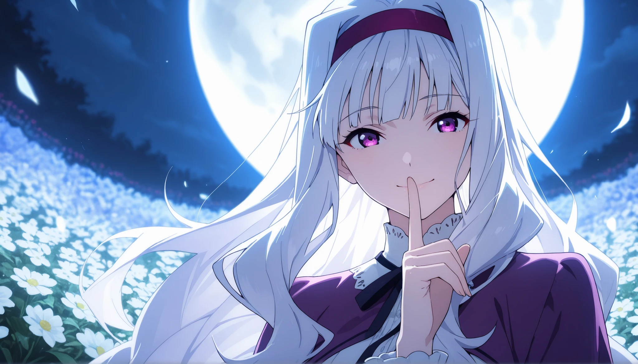 score_9 , score_8_up , score_7_up , source_anime ,1 girl, solo, Shijou Takane, white hair, long hair, purple eyes, headband, smile quietly, (Facing the viewer, view audience), Place index finger over mouth, Hair blowing in the wind, night, In the flower garden, (Pale flowers, Faintly luminous flowers), A beautiful round full moon, low angle, detailed face, detailed eyes, detailed background