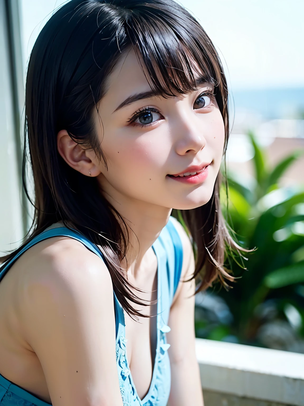 Medium Hair、masutepiece, Best Quality, 8K, 18year old, Teen, Raw photo, absurderes, award winning portrait, Solo, Under the blue sky、Summer clothes in primary colors, Idol face, violaceaess, gardeniass, Delicate girl,The chest isＤcups、 Upper body, Digital SLR, Looking at Viewer, Happy smile when you see this、Candid, Sophisticated,  Smile, Thin arms, Professional Lighting, Film grain, chromatic abberation, (Eyes and faces with detailed:1.0),