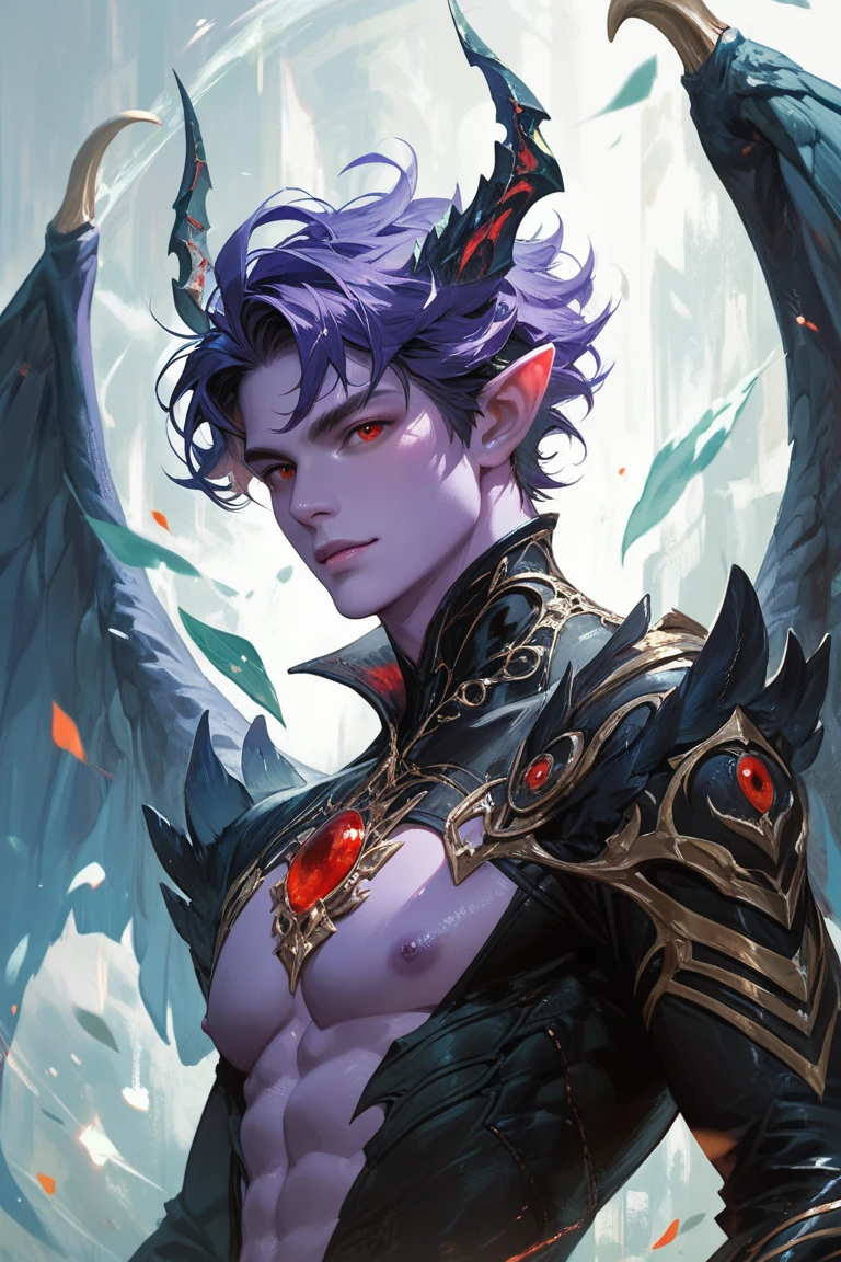 Demon with human face, horns, and a red forked tongue.red eyes and earrings on the ears. With long, black claws, best quality , masterpiece, high resolution, 4k, male