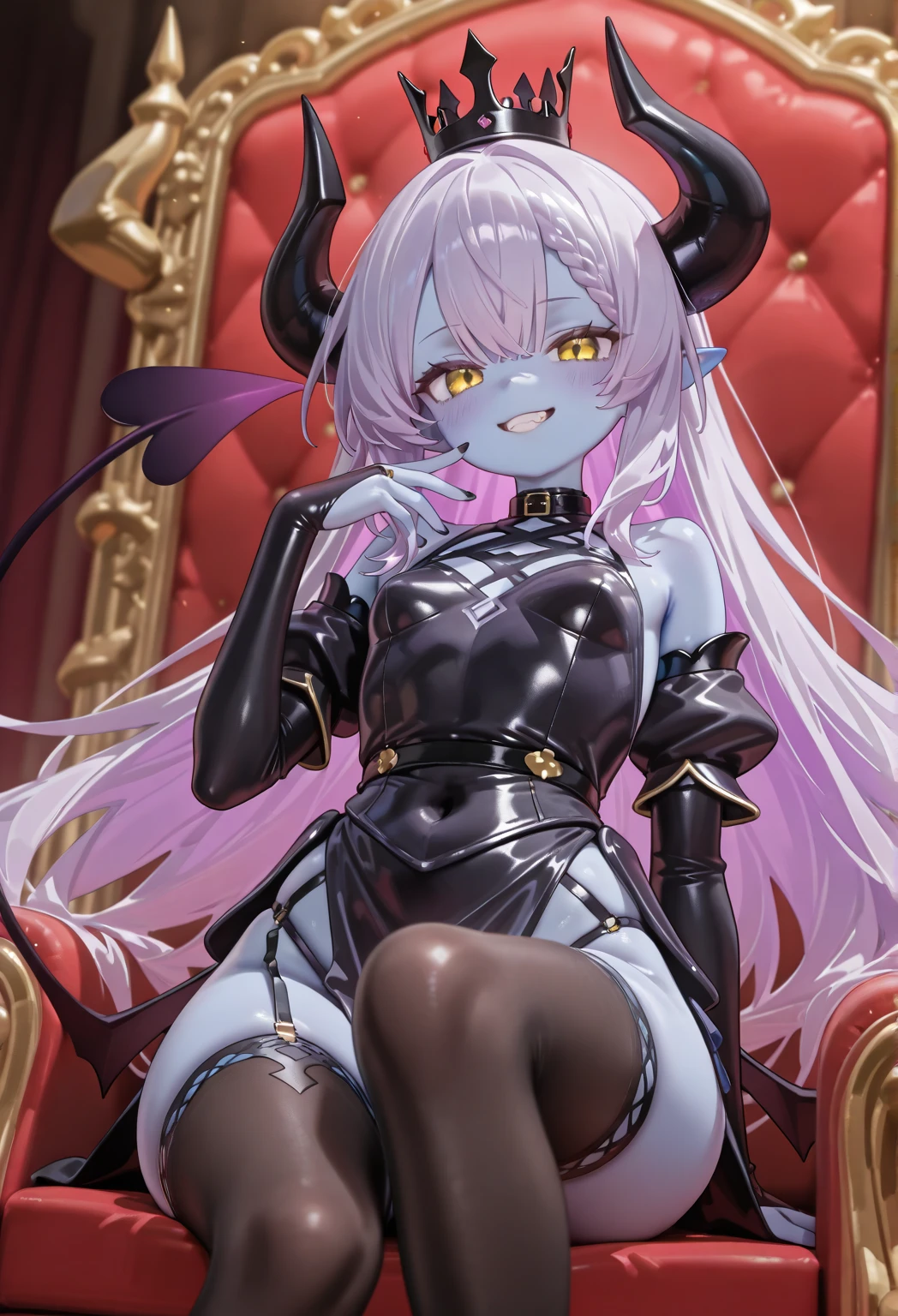 BEST QUALITY, ULTRA DETAILED, EXTREMELY DETAILED AND BEAUTIFUL, PERFECT ANATOMY, PERFECT HANDS,(full body:1.3),(1 GIRL, 独奏), (NFSW+_DARKNESSS),NFSW+3rd,piercing,purple choker,bNFSWck belt,thigh boots,grey hair,FNFSWT CHEST, (microbikini:1.5),Sitting on the throne