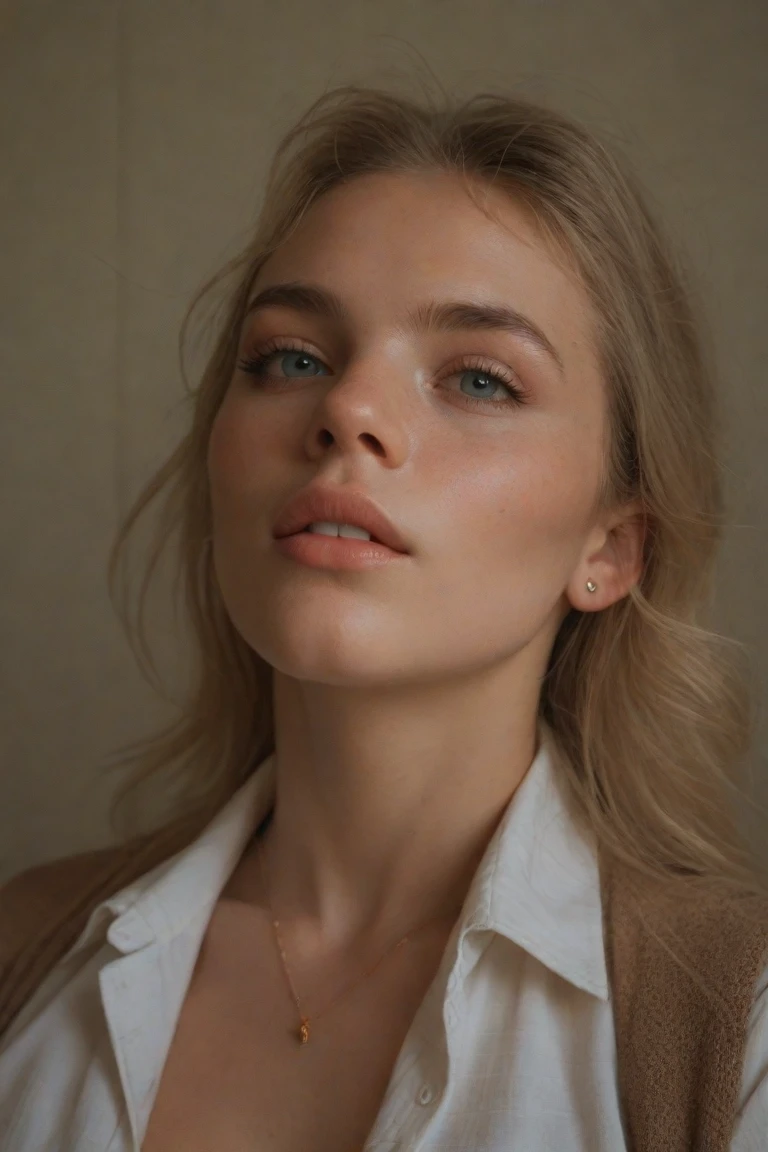 ((masterpiece)), ultra-realistic, portrait of a beautiful blonde woman as a portrait photo on a white background, slightly smiling, classy clothes, further from camera
