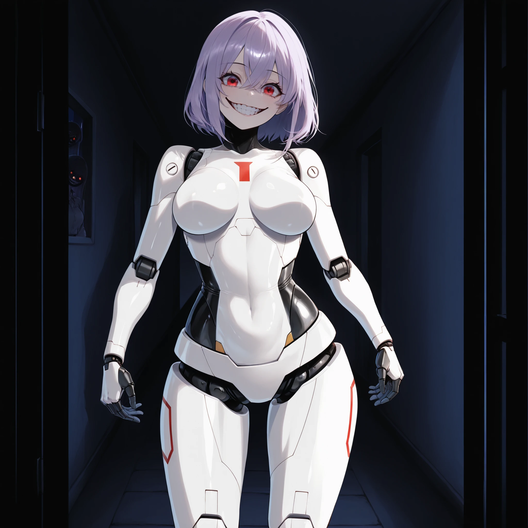 score_9, score_8_up, score_7_up, 1women, solo, solo_focus, "(facing_towards_viewer:1.2), (Sleek_white_feminine_robotic_body_with_black_sections_on_hips: 1.2), , (soft_lavender_WAVY_FLUFFY_bob_hair: 1.2), (head_tilted_super heavily_to_side almost at a 90 degree angle: 1.3), (Crimson_eyes: 1.2), (big excited closed mouth showing teeth creepy scary smile: 1.2),(small_RED_SQUARE_right_above_chest: 1.1) (C-cup_breasts: 1.2), (BLACK_ROBOTIC_NECK: 1.2) (SYNTHETIC_BLACK_MATERIAL_ON_WAIST: 1.2), robotic_hands: 1.2, (standing_straight: 1.2), (arms_at_sides: 1.2), (Caucasian_skin_Human_head_on_robot_body:1.2), (Robotic_joints: 1.2), (in a super dark modern concrete house hallway at night: 1.2), (place) dark_cold, 4K, masterpiece, high_detail, cowboy_shot, good_eyes, super creepy looking, creepy dangerous vibe, NIGHT TIME, dark, very dark, (night: 1.5)