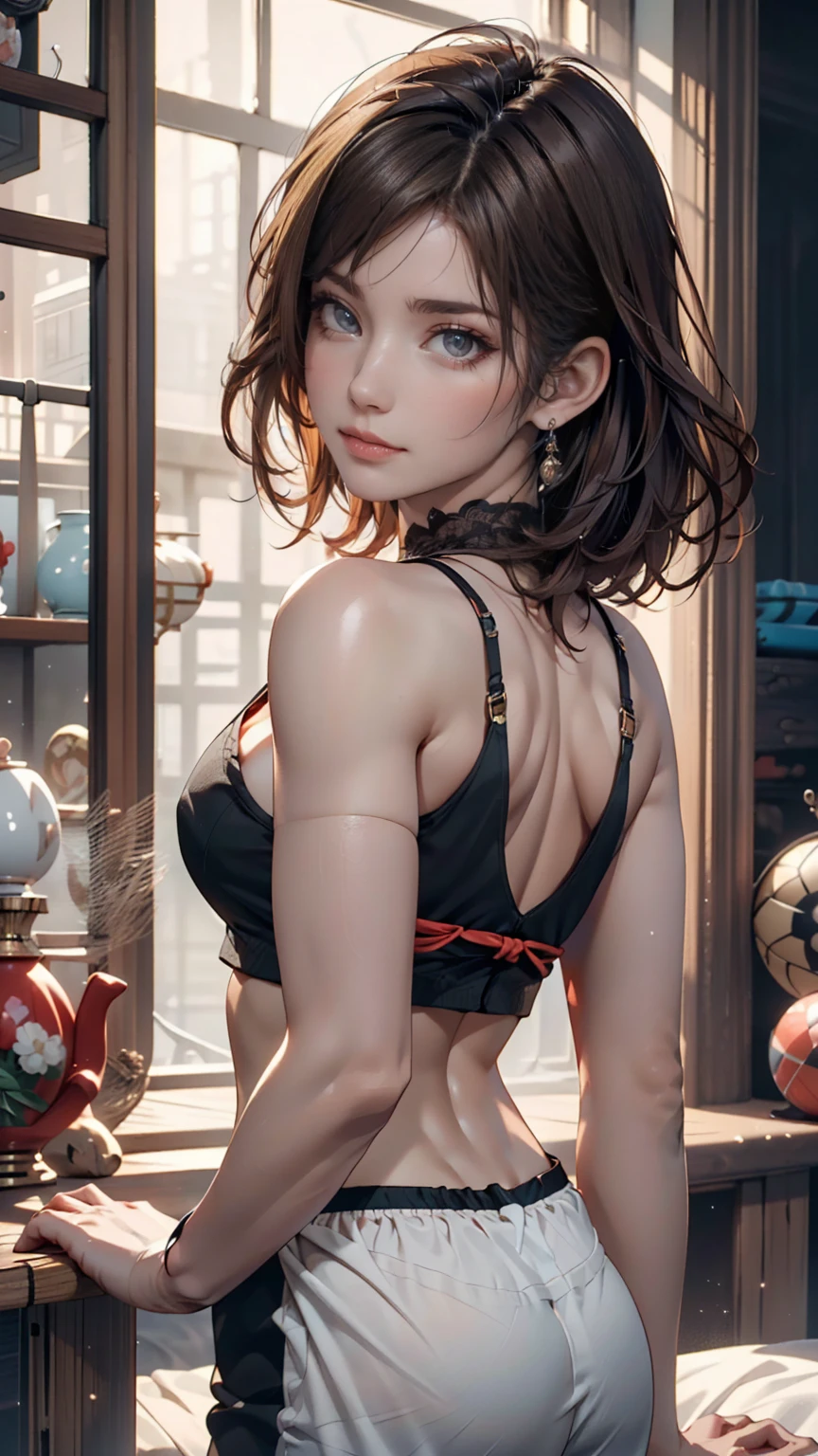 Woman, 30 years, makeup, spring clothes, seductive smile, cinematic lighting, bloom, from behind, UHD, masterpiece, textured skin, super detail, high quality