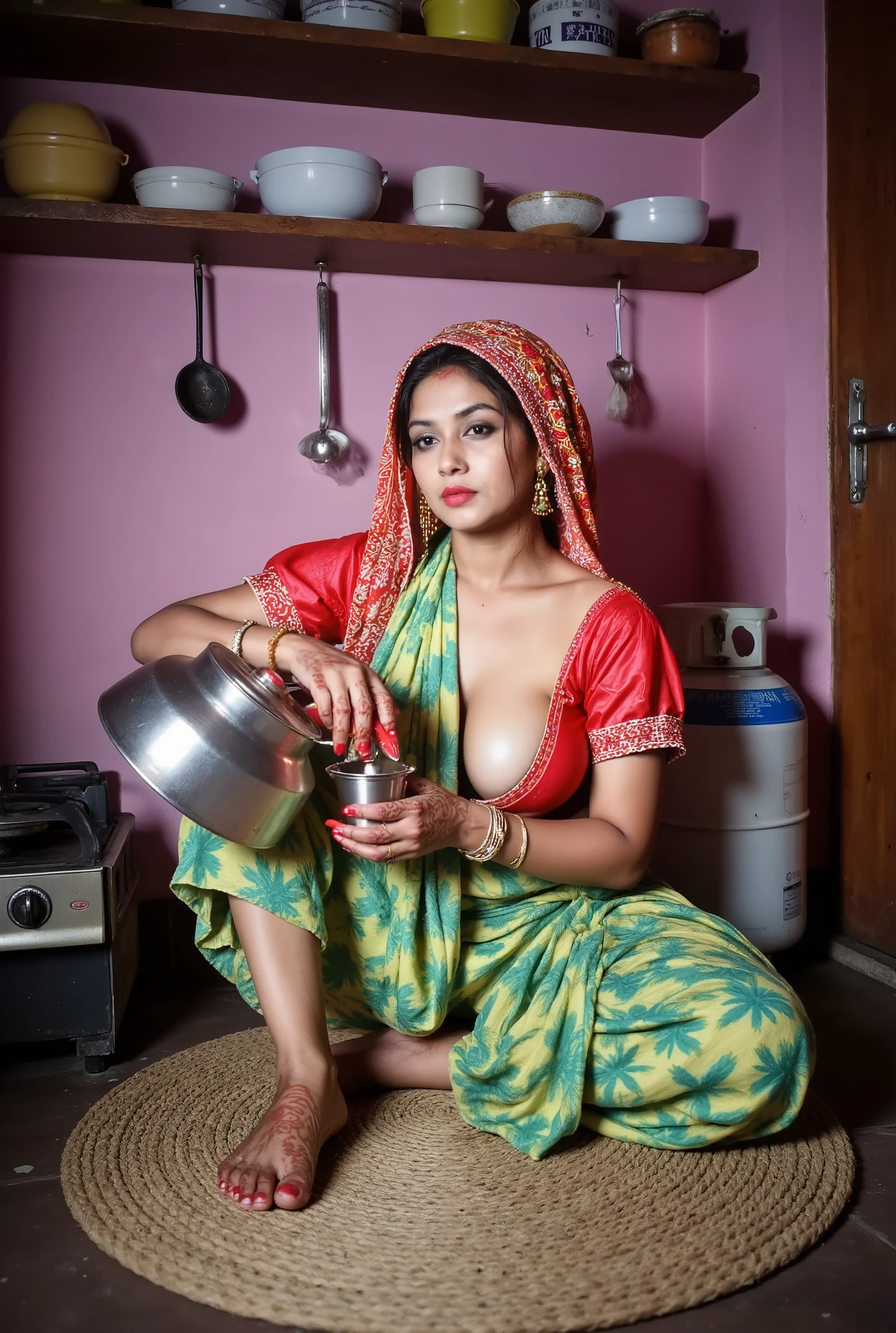 A woman, dressed in vibrant traditional attire, is seated on the floor in a kitchen. She wears a revealing red blouse with puffed sleeves and a patterned headscarf adorned with colorful embroidery. Her lower body is wrapped in a green and yellow patterned sari. She is pouring chai from a metal pot into a small metal cup using a red plastic strainer. Her hands and feet are decorated with intricate henna designs, and she wears red nail polish and several bangles on her wrists.
The kitchen has pink walls and a simple setup. A gas cylinder stands behind her, next to a gas stove. A wooden rack above holds various kitchen utensils, including plates, bowls, and ladles. A woven mat lies on the floor beneath her. The overall ambiance is rustic and traditional, with a focus on the woman's activity and attire. The lighting is low, creating a warm, intimate atmosphere.