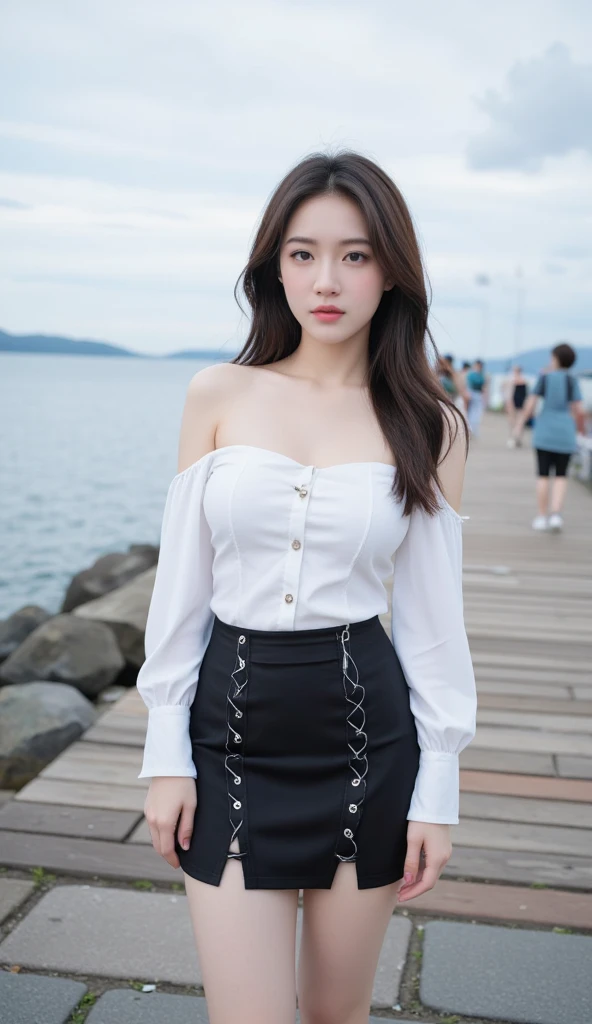(full body), (from above), 1girl,Lie down on a comfortable couch,crossed legs,Soft light, off shoulder clothes, White color blouse, cropped shoulders, black short skirt, high-waist, 20yr old，Korean model, slender leg, evil grin smile，Evil expression, warm lights, a warm color palette