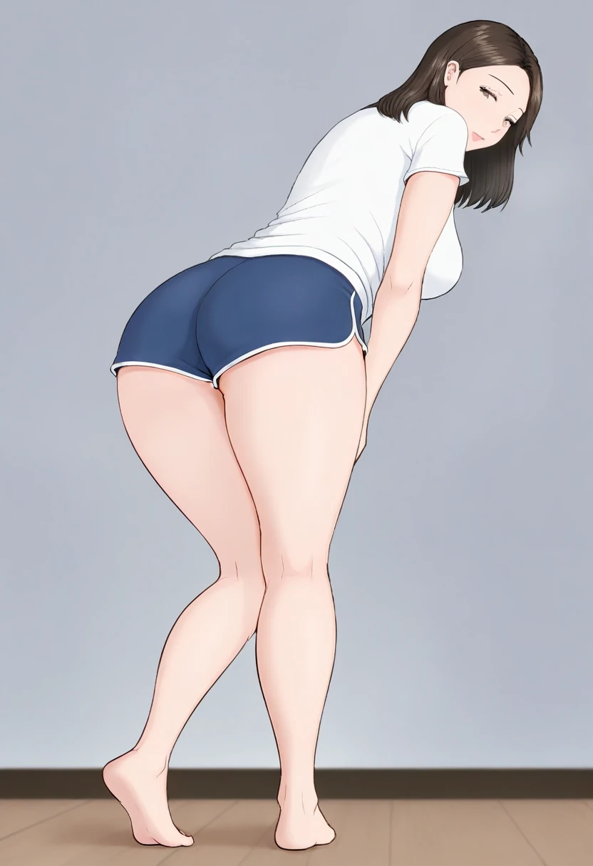 ((masterpiece, best quality)), ((34 year old)), (((Curvy))), (((Japanese woman with messy brown hair)), in blue shirt, ((white cotton panties)), (((Large Hips))), shocked expression, blushing, ((bending over)), (((photo realistic)))