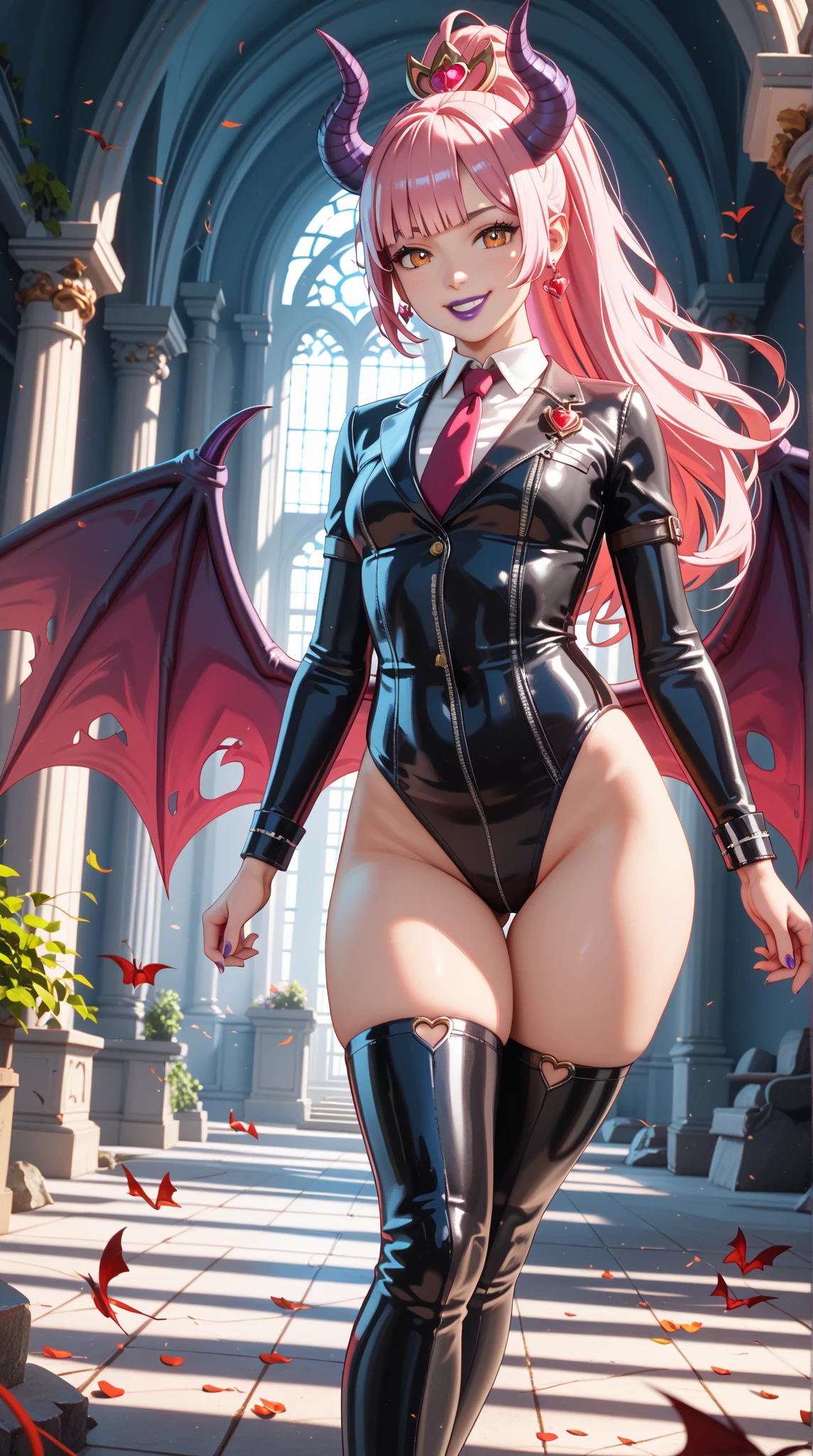 low poly, ps1 grapichs, low poly 3d model, best quality, 1girl, Succubus, pink hair, big lips, lip gloss, long hair, medium breasts, bare shoulders, hourglass figure, (narrow waist), thick thighs, thick ass, defined stomach, sexy pouty lips, cleavage, white latex babydoll micro bikini, sexy thight micro panties, detailed face and eyes, white thigh thigh boots, black gloves, seductive pose, viewer from below, pov from below, castle in the back.