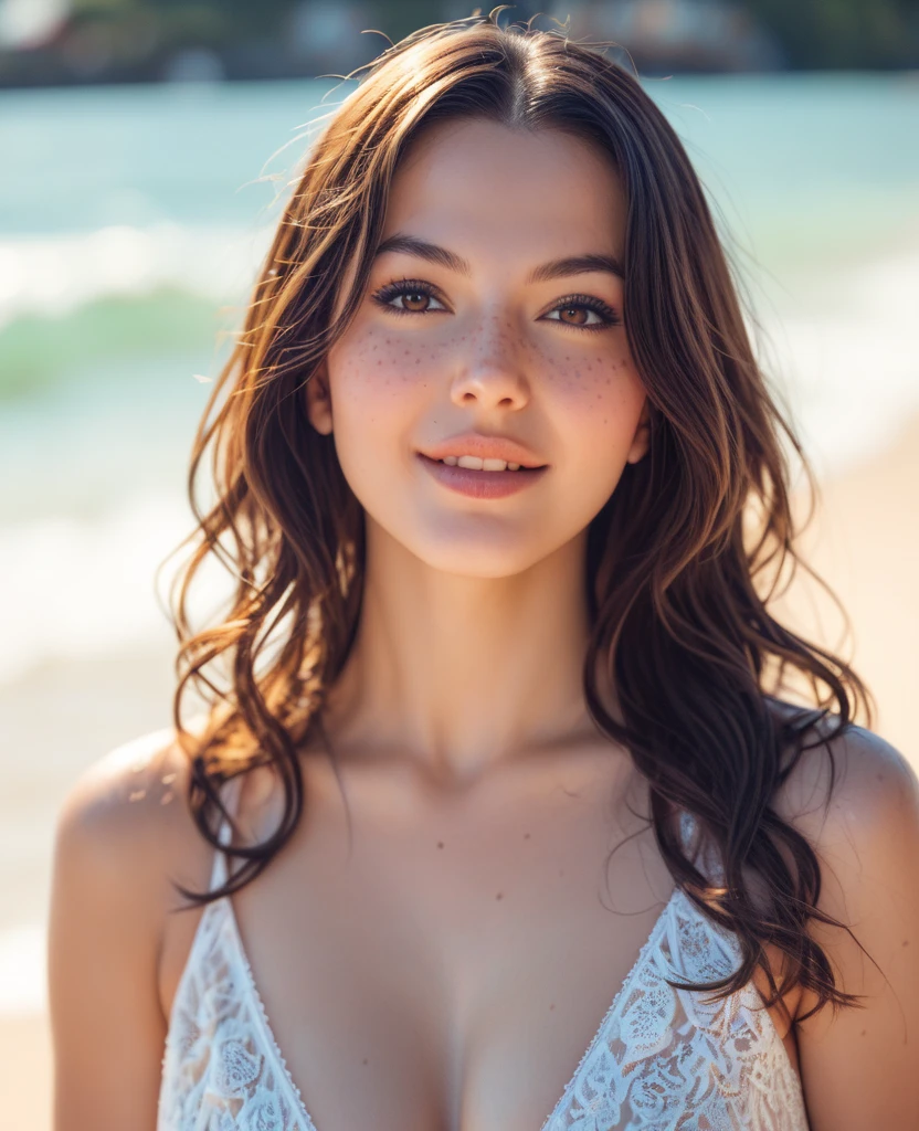 selfi beautiful brunette woman beach