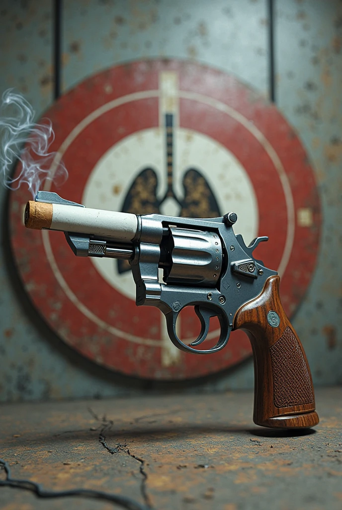 a revolver fused with that of a cigarette and smoke comes out at the tip and in the background a bullseye with a drawn lung