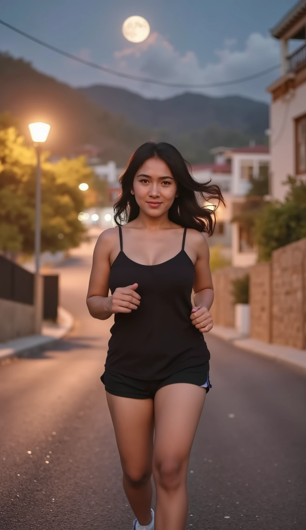 beautiful woman, nighttime jogging, pretty face, long hair, soft expression, running down the street,  night atmosphere , lampu jalan, full moon , kabut tipis, digital art, ilustrasi, realistis, 4k, ultra-detail, HDR, warm colors